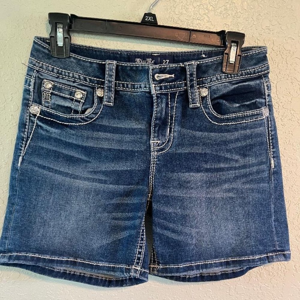 Miss Me Embellished Cross Pocket Rolled Cuff Denim Shorts
